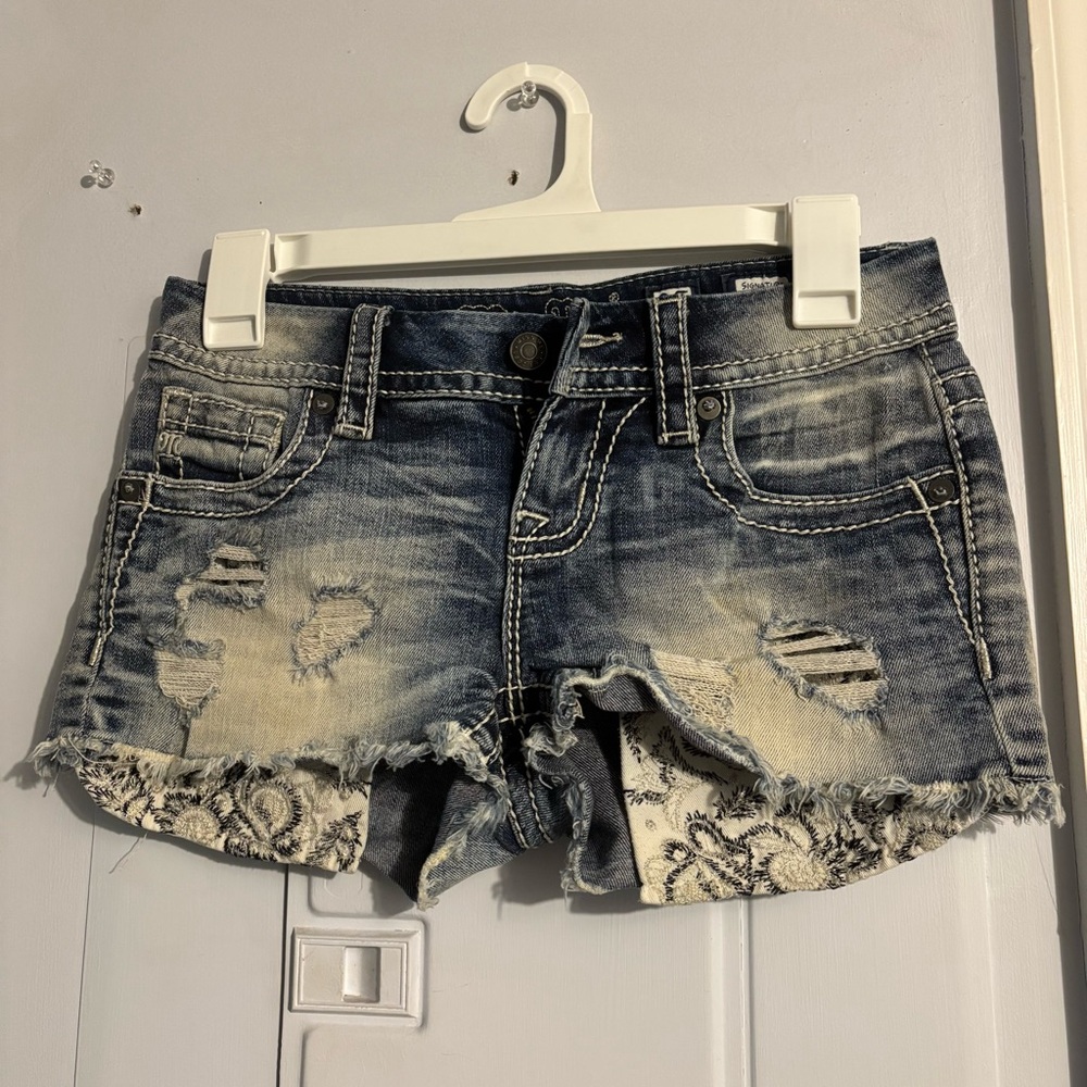 Miss Me Distressed Denim Shorts with Lace Accents